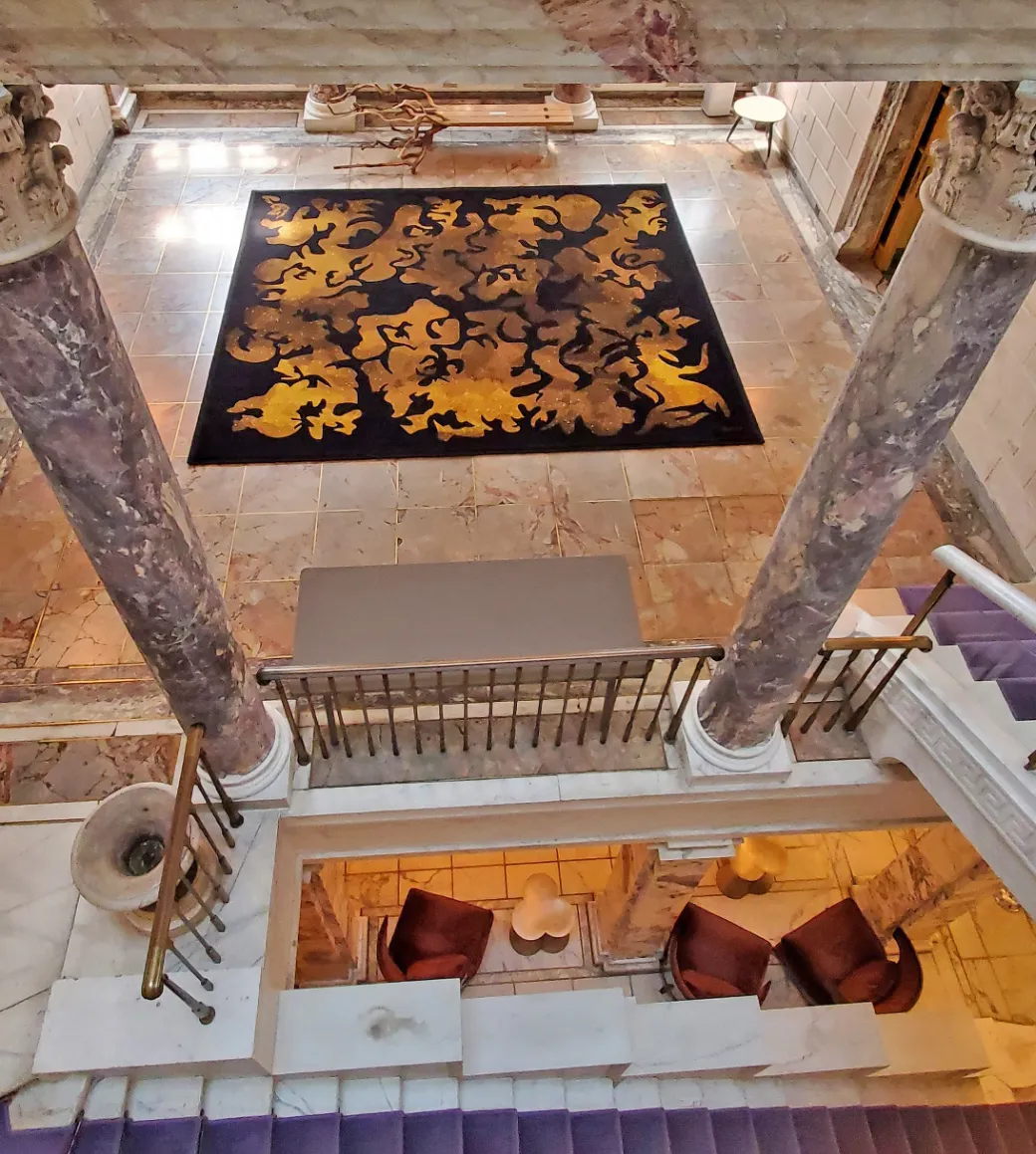 View from above of Savonnerie Carpet Les Javels by Julien Gardair in New York at Villa Albertine former Payne Whitney Mansion