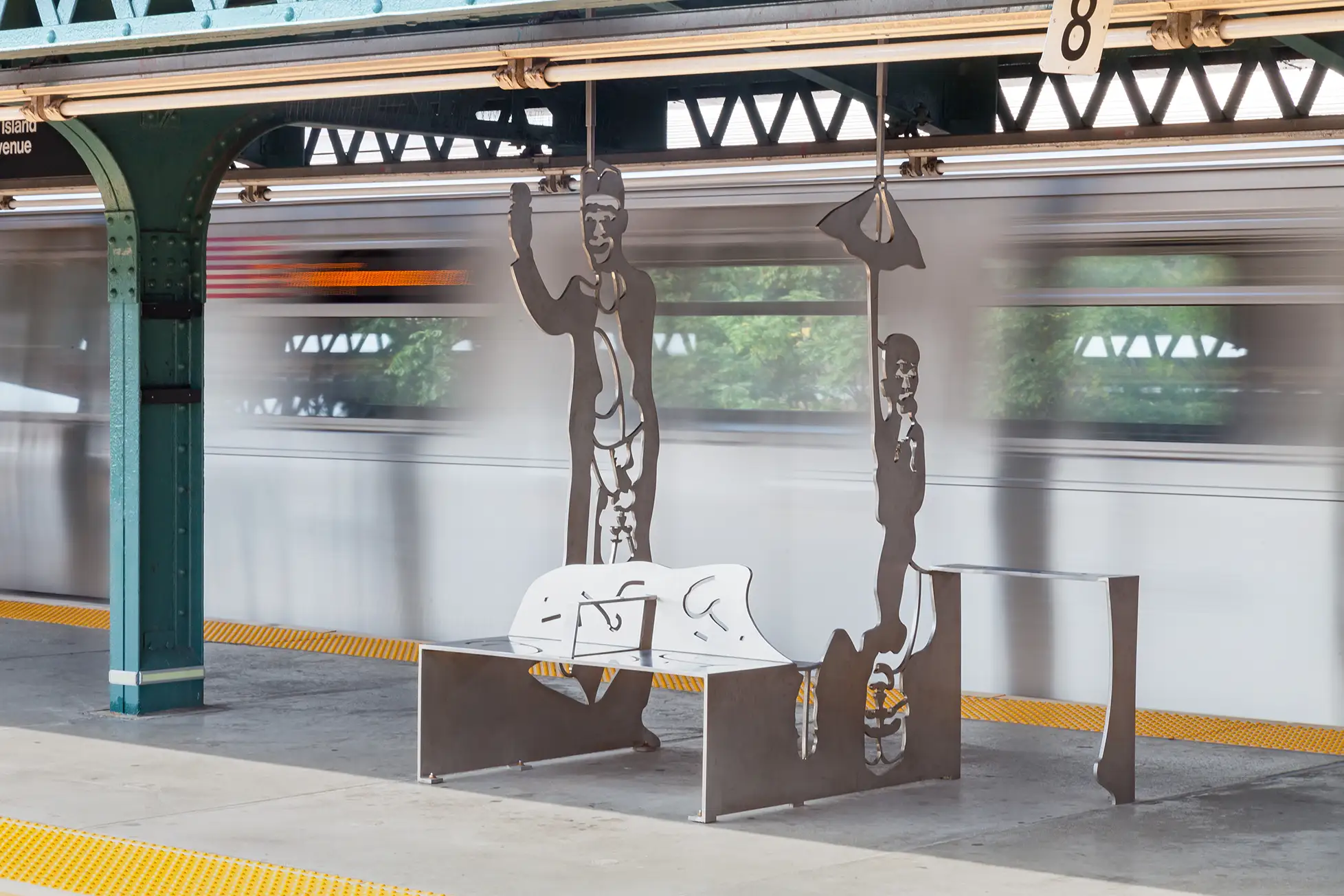 We are each others a public art installation in New York City subway part of MTA Arts and Design consisting in an ensemble of figural benches in stainless steel and whismical windscreens permanently installed in Brooklyn on 18th Avenue and Kings Highway stations in Brooklyn