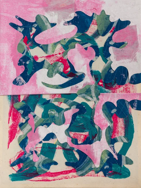 Abstract cut and stitched painting by Julien Gardair. Colorful organic shapes in shades of pink, blue, green, and white resembling a face.