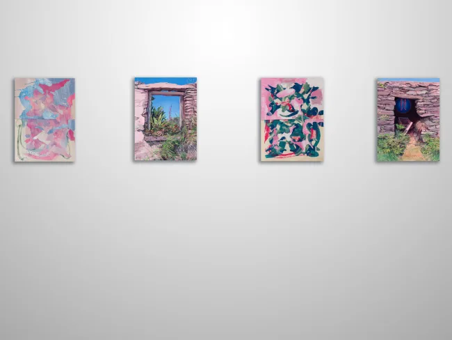 From left to right : 
Julien Gardair, Rose, 2023, 16x12in, Acrylic on canvas, folded, cut, stitched, and stretched over wooden stretchers. 
Melanie Vote, Cottage Window, 2023, 16-x12in, oil paper mounted on wood panel. 
Julien Gardair, Wide Open, 2023, 16x12in, Acrylic on canvas, folded, cut, stitched, and stretched over wooden stretchers. 
Melanie Vote, Within Cottage, 2023, 16-x12in, oil paper mounted on wood panel.