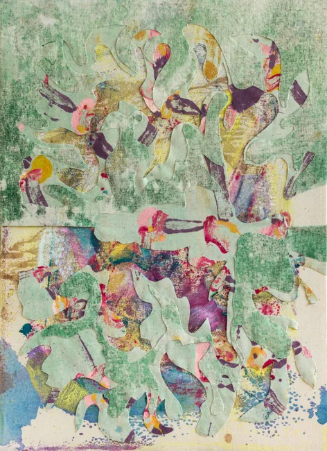 Springing is a vibrant painting cutout by Julien Gardair that captures the essence of the season, with tonalities of green, blue, and pink.
