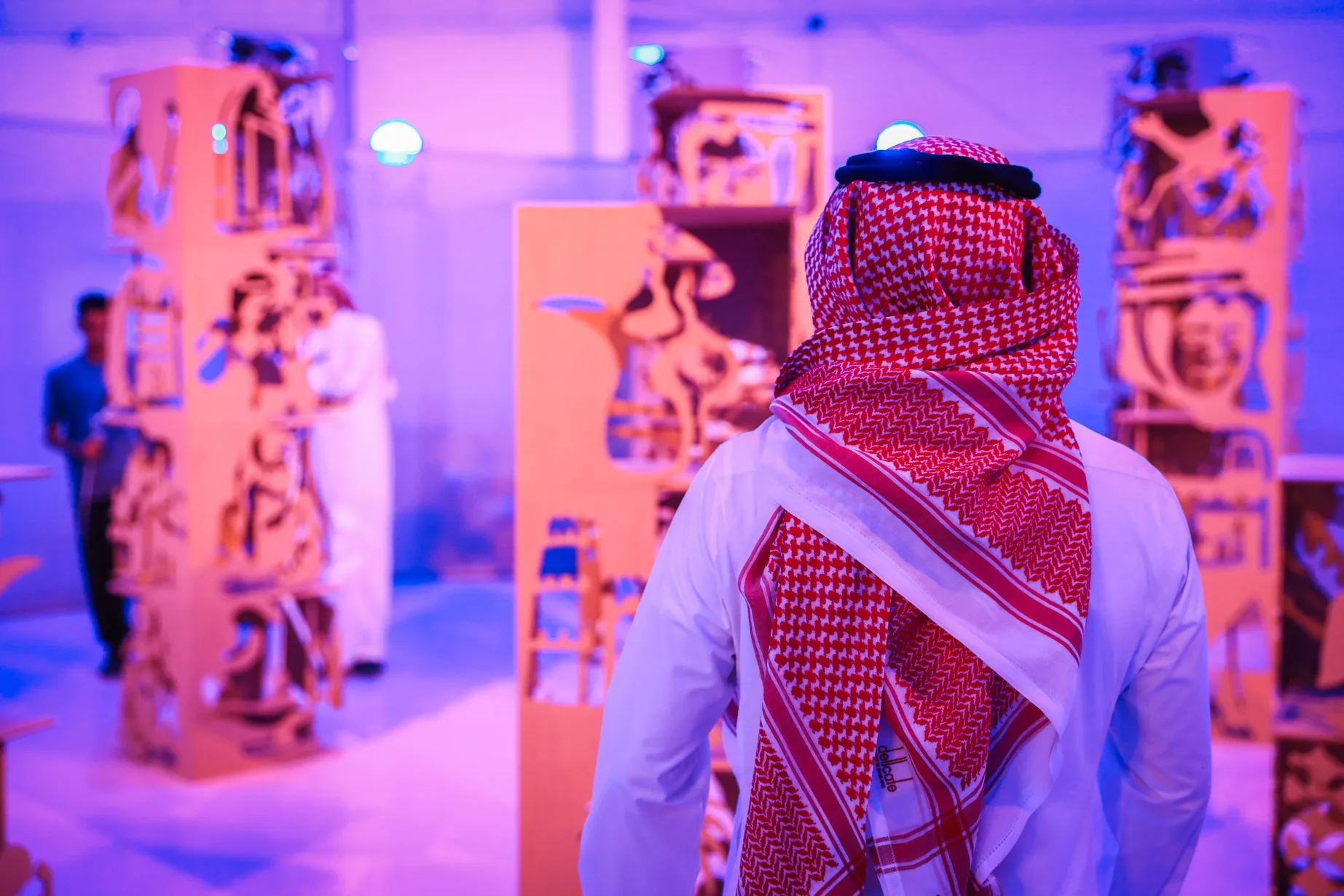 View of the installation Interconnected made of cutout cubes stacked in space during the Jax Art Festival in Riyadh, Saudi Arabia, 2022