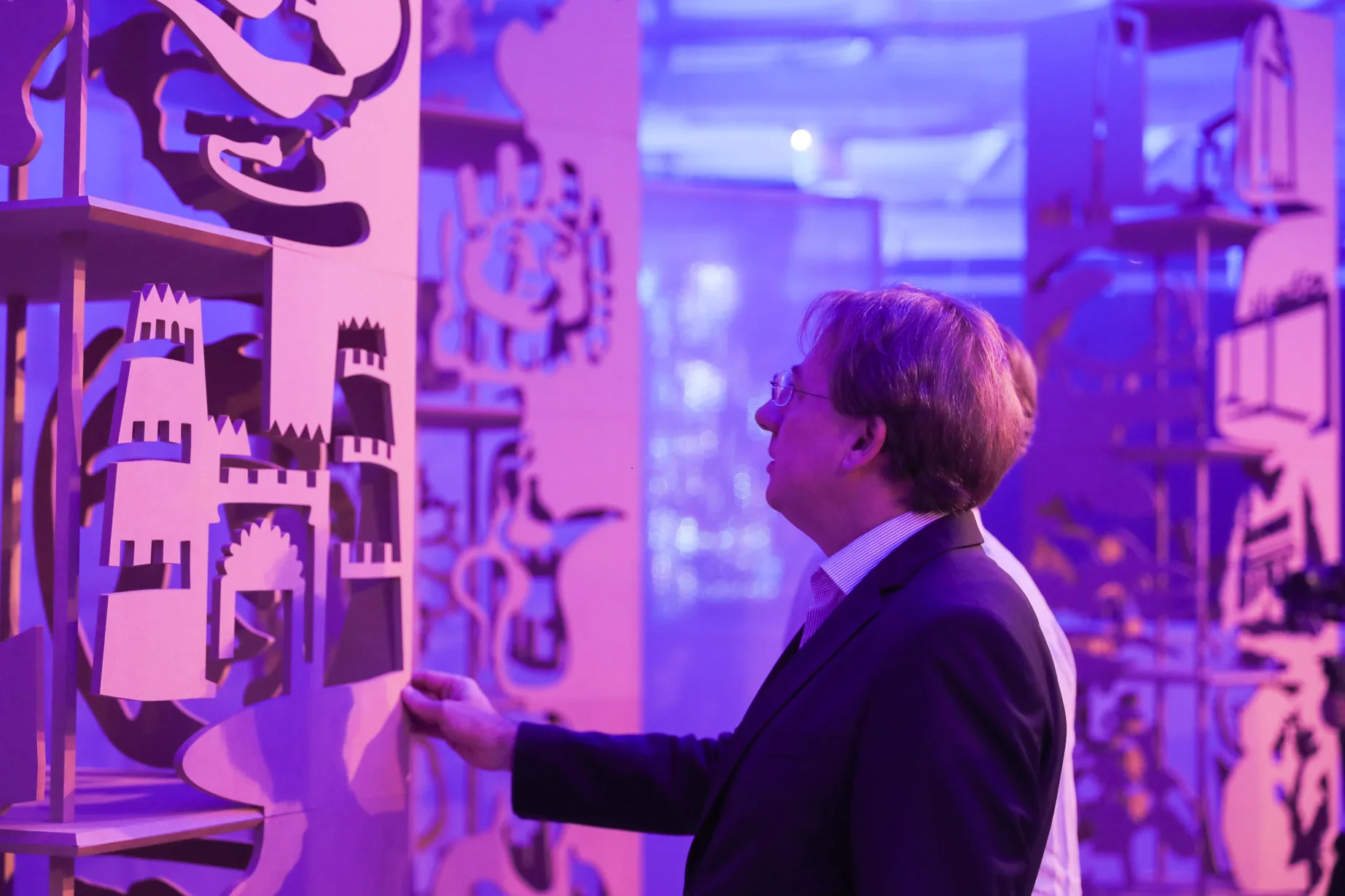 View of the installation Interconnected made of cutout cubes stacked in space during the Jax Art Festival in Riyadh, Saudi Arabia, 2022